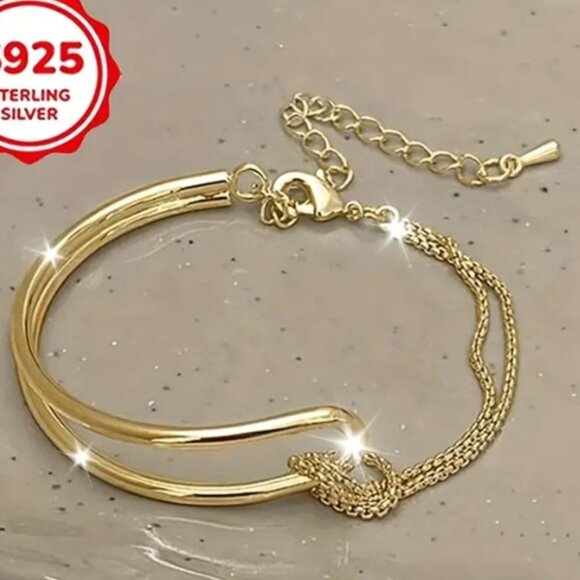 Gold Electro-Plated 925 Sterling Silver Elegant Minimalist Geometric Bracelet - Picture 2 of 3